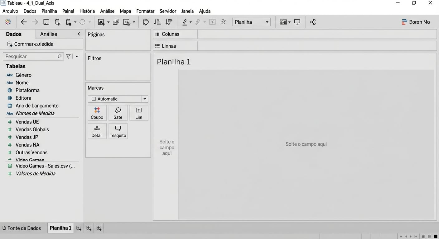 Captura de tela de uma pasta de trabalho vazia do Tableau