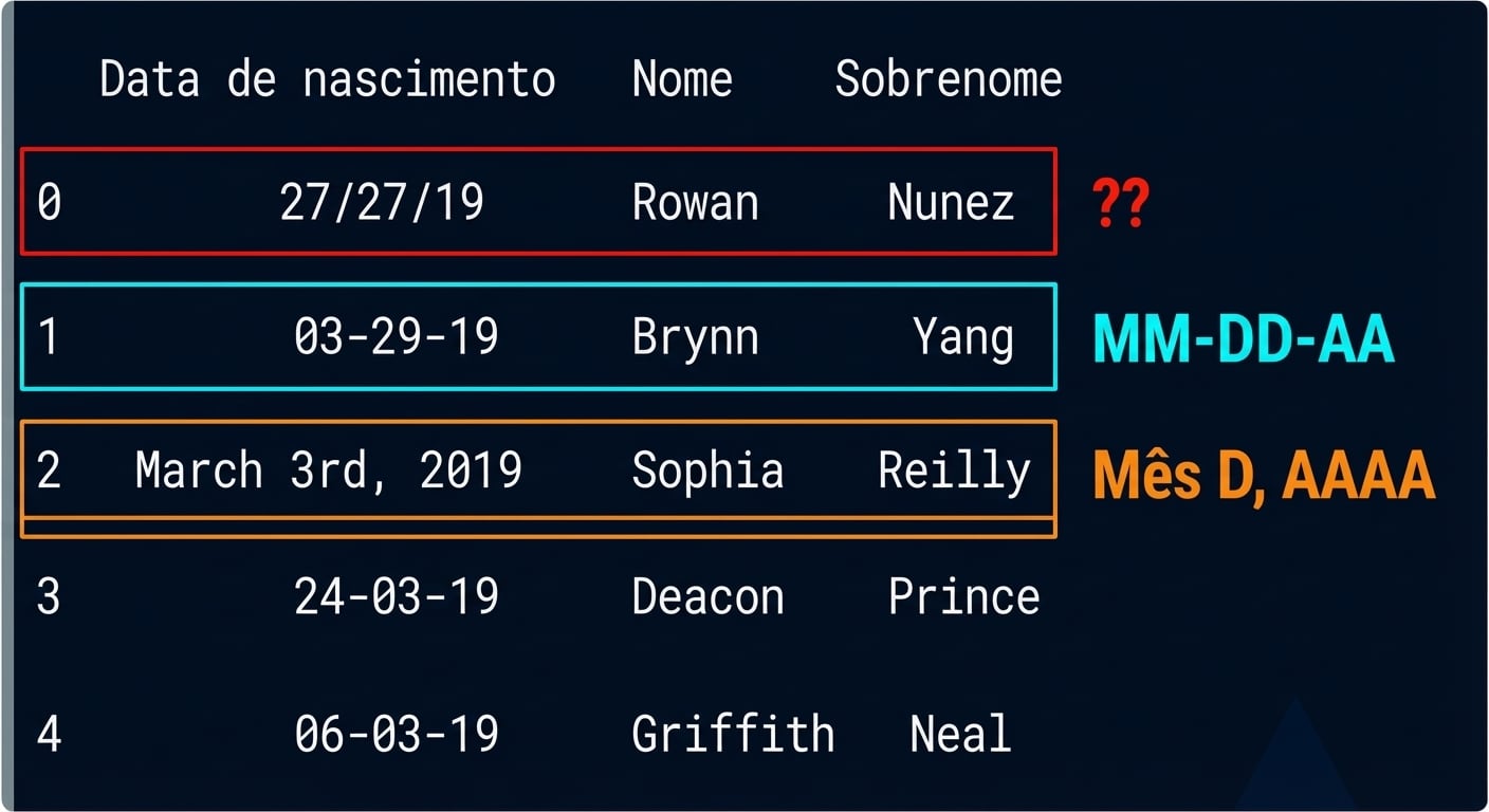 Uma tabela mostrando a saída do conjunto birthdays — uma linha tem data no formato mês, dia, ano; outra está por extenso; a última tem um erro claro — repetindo o dia duas vezes.