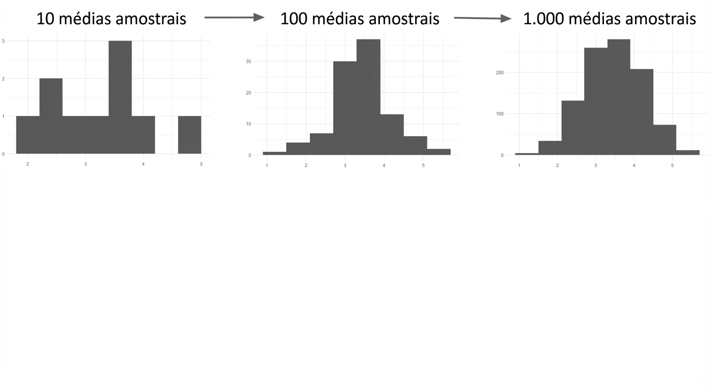 histogramas de 10, 100 e 1000 médias amostrais; com mais amostras, a distribuição fica mais em forma de sino