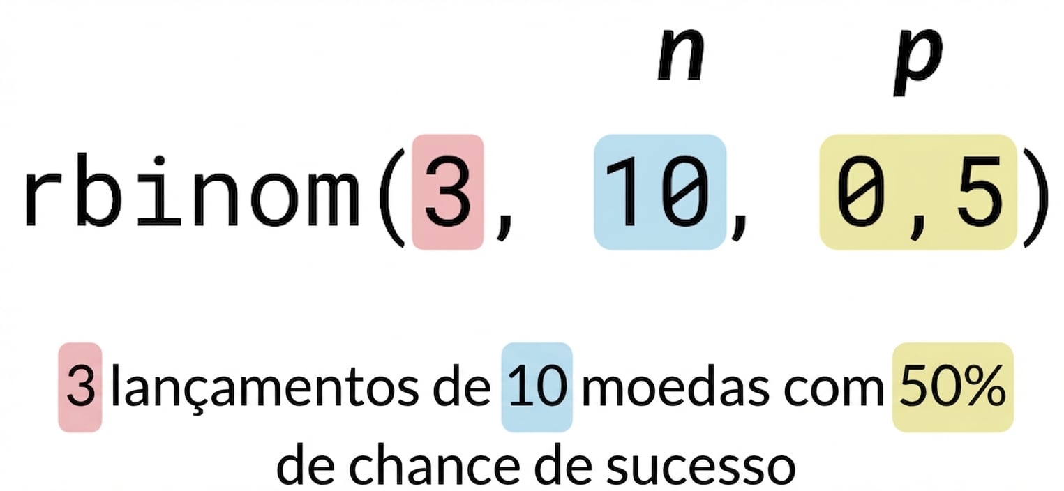 rbinom(3, 10, 0.5) com 3 em vermelho, 10 em azul, 0.5 em amarelo. Texto: 3 (em vermelho) lançamentos de 10 (em azul) moedas com 50% (em amarelo) de chance de sucesso. n está sobre o 10 em azul e p sobre o 0.5 em amarelo.