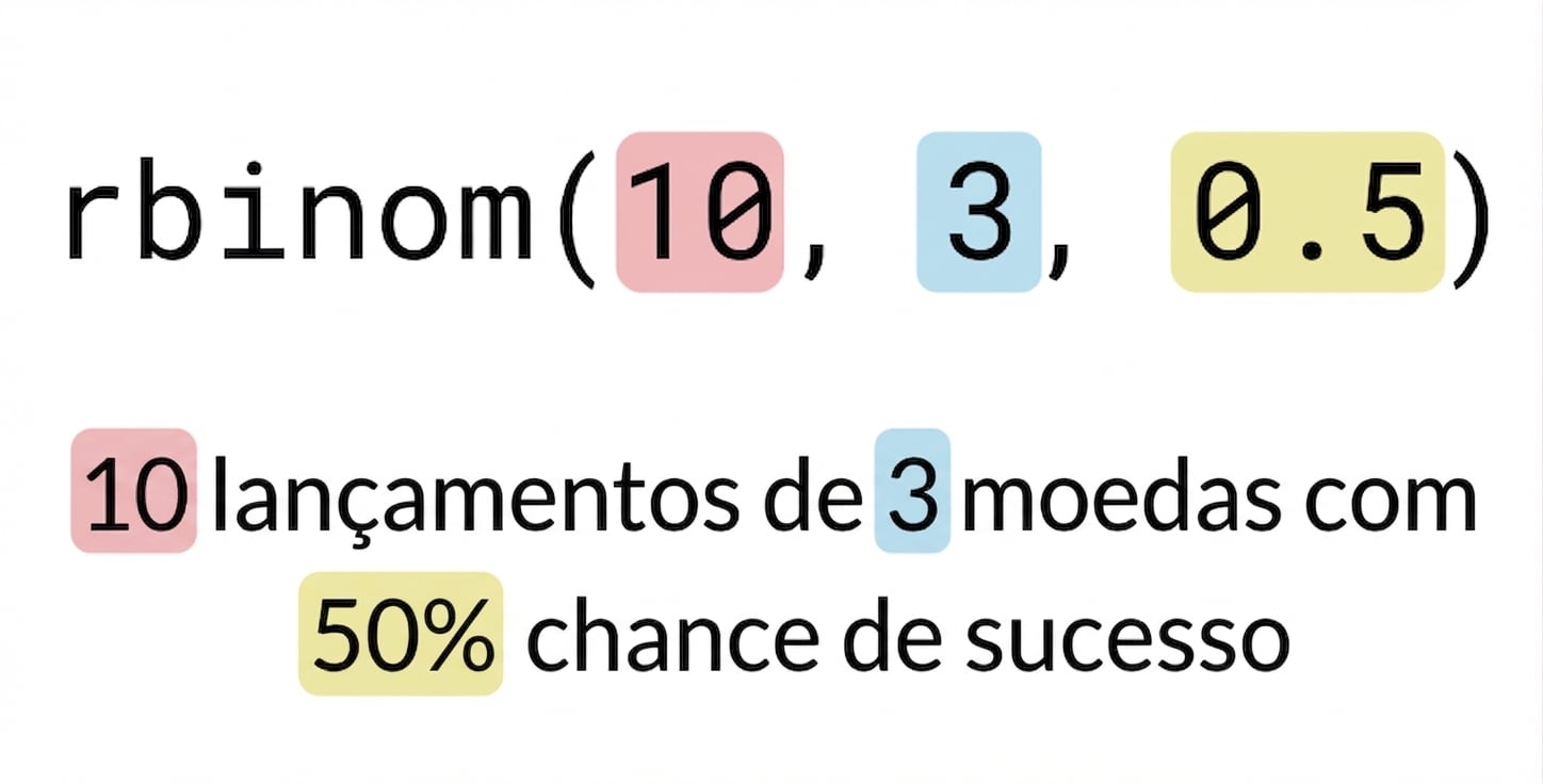 rbinom(10, 3, 0.5) com 10 em vermelho, 3 em azul, 0.5 em amarelo. Texto: 10 (em vermelho) lançamentos de 3 (em azul) moedas com 50% (em amarelo) de chance de sucesso