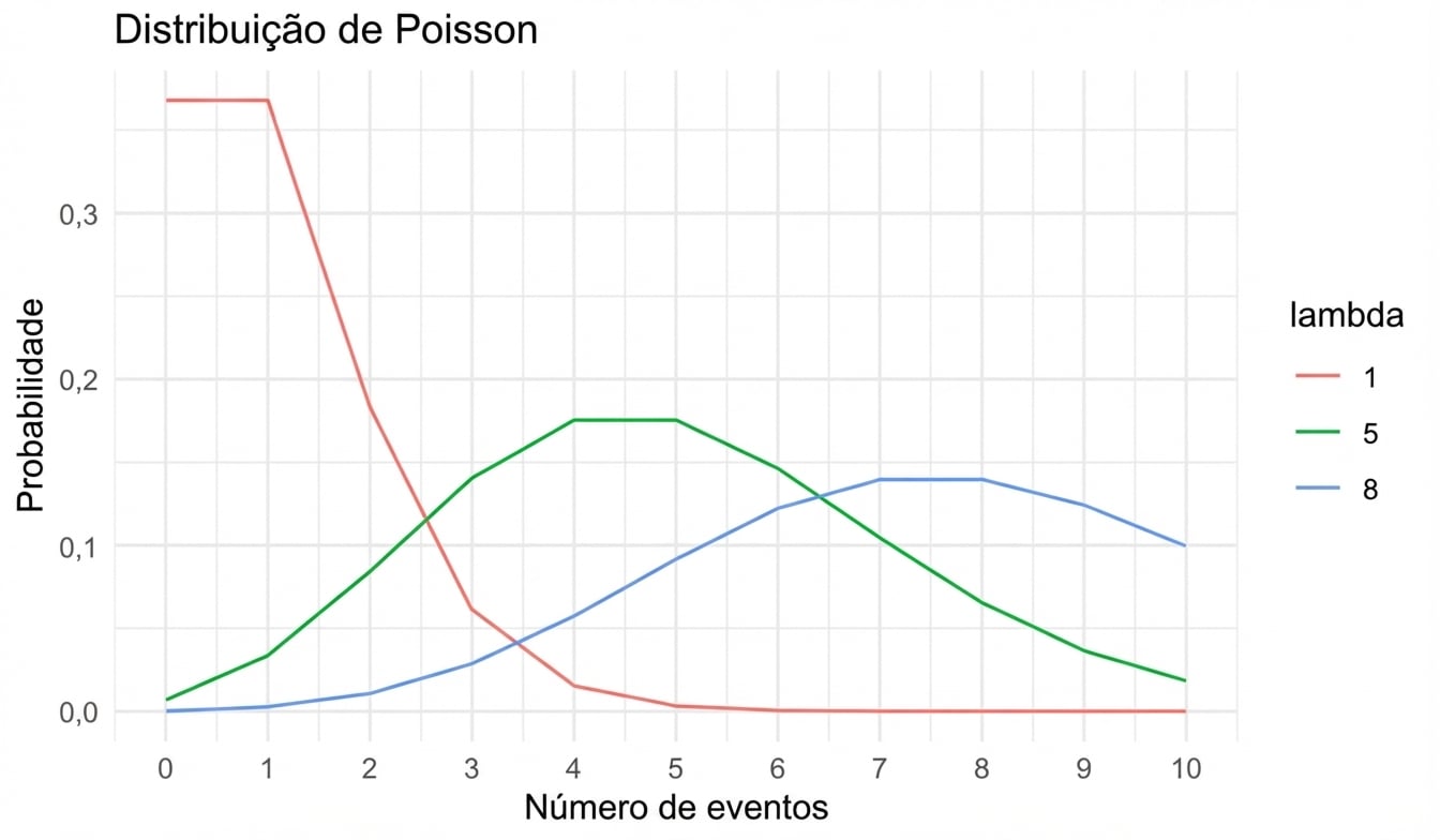 3 distribuições de Poisson: uma com lambda = 1, outra com lambda = 5 e outra com lambda = 8