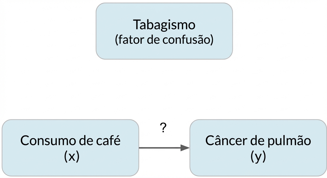 Café (x) apontando para câncer de pulmão (y) com tabagismo (fator de confusão) acima