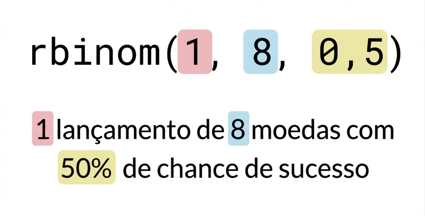 rbinom(1, 8, 0.5) com 1 em vermelho, 8 em azul, 0.5 em amarelo. Texto: 1 (em vermelho) lançamento de 8 (em azul) moedas com 50% (em amarelo) de chance de sucesso