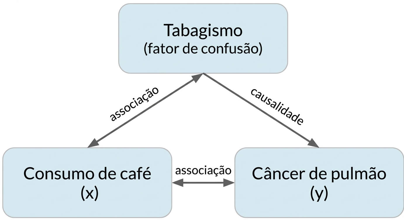 Café (x) com seta dupla para câncer de pulmão (y) rotulada "associação". Seta dupla entre tabagismo e café, "associação". Seta de tabagismo para câncer de pulmão, "causalidade".