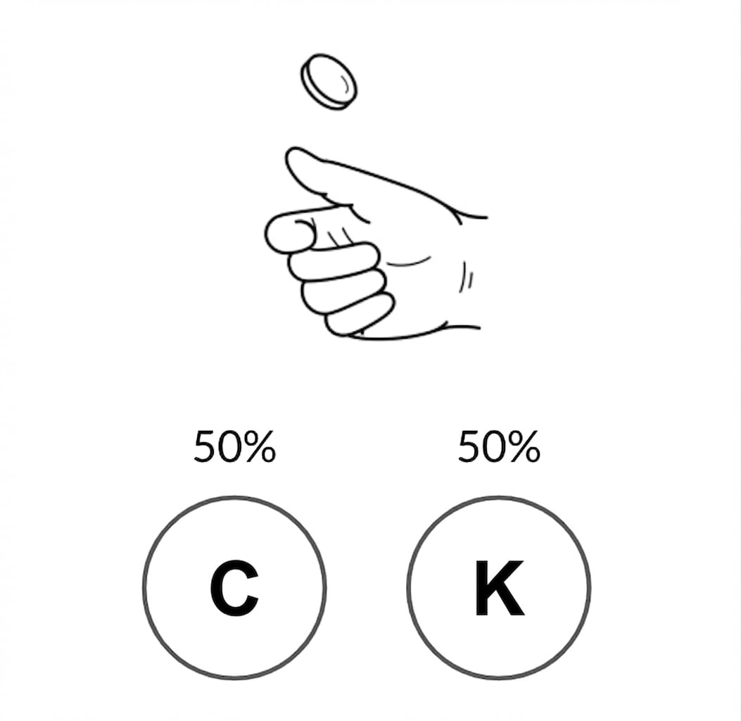 Mão lançando moeda com um lado H com 50% de chance e o outro T com 50% de chance