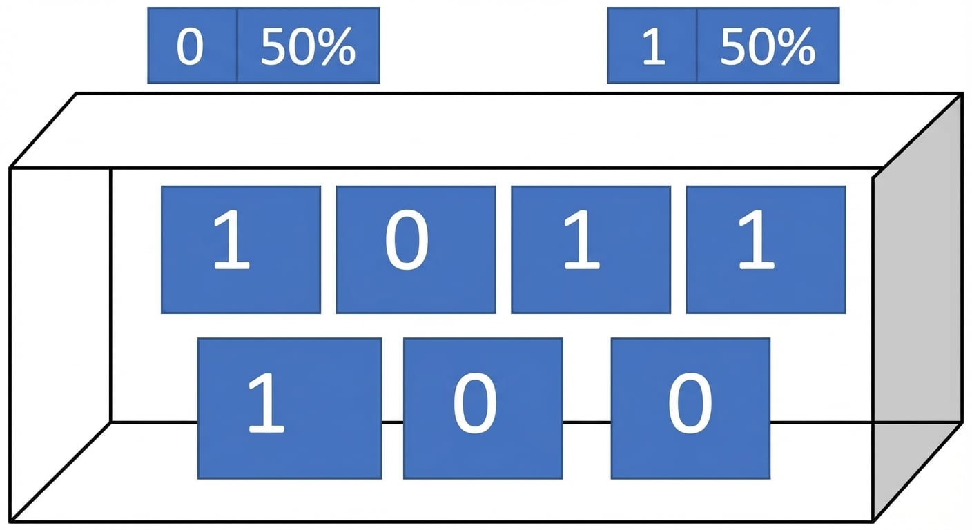 Caixa de bilhetes com 3 zeros e 3 uns. 50% de chance de 0, 50% de 1