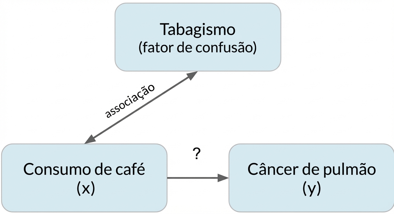 Café (x) apontando para câncer de pulmão (y) com tabagismo (fator de confusão). Seta dupla entre tabagismo e café, rotulada "associação".