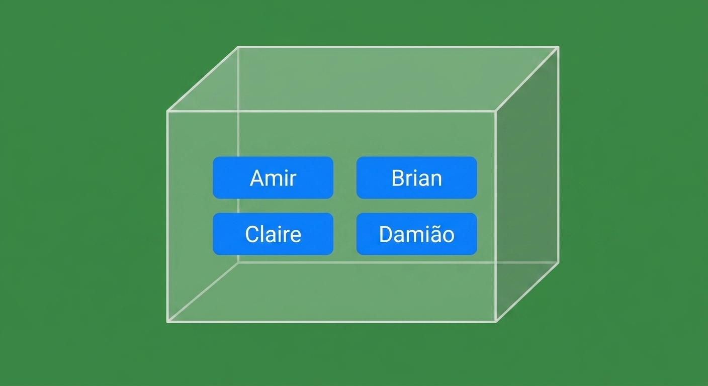 Caixa com os nomes de Amir, Brian, Claire e Damian