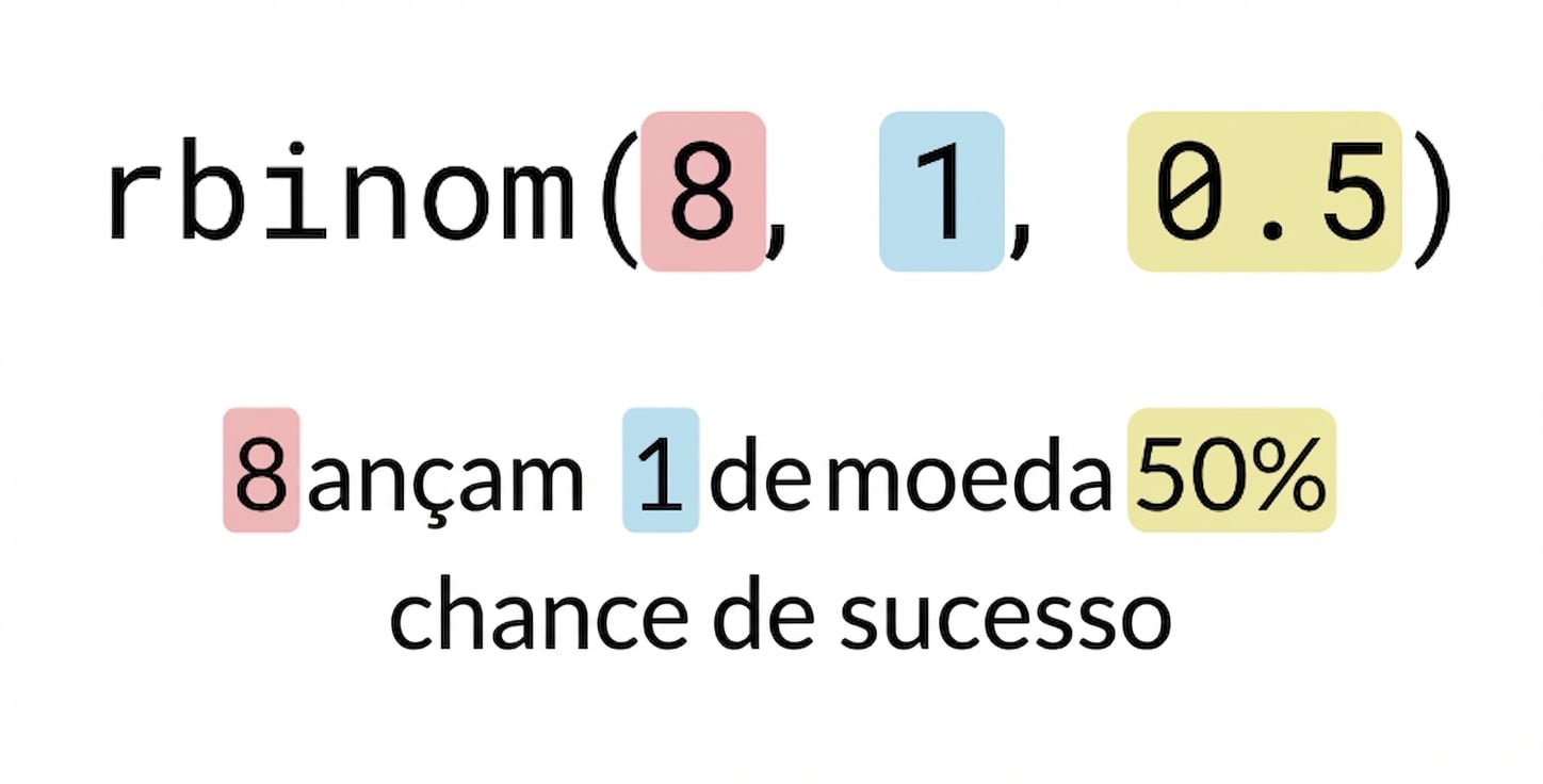 rbinom(8, 1, 0.5) com 8 em vermelho, 1 em azul, 0.5 em amarelo. Texto: 8 (em vermelho) lançamentos de 1 (em azul) moeda com 50% (em amarelo) de chance de sucesso