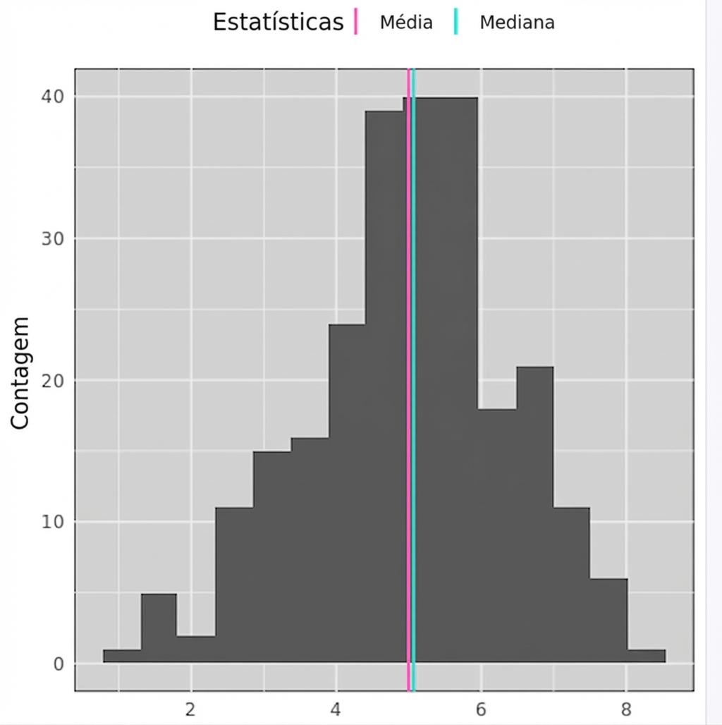 Um histograma com dados em forma de sino e uma linha azul e outra vermelha próximas ao centro. Vermelho = média, azul = mediana.