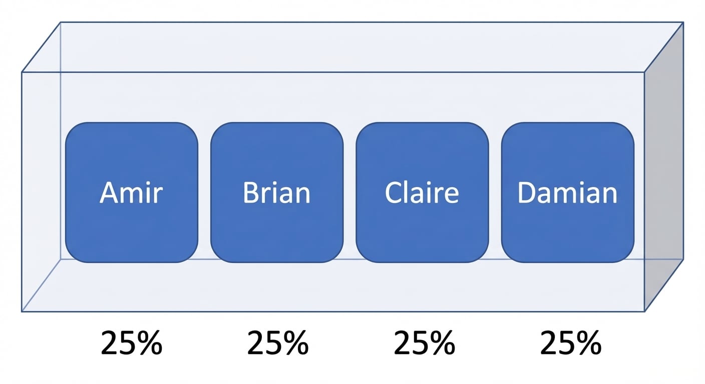 Nomes em uma caixa, cada um com 25% de probabilidade