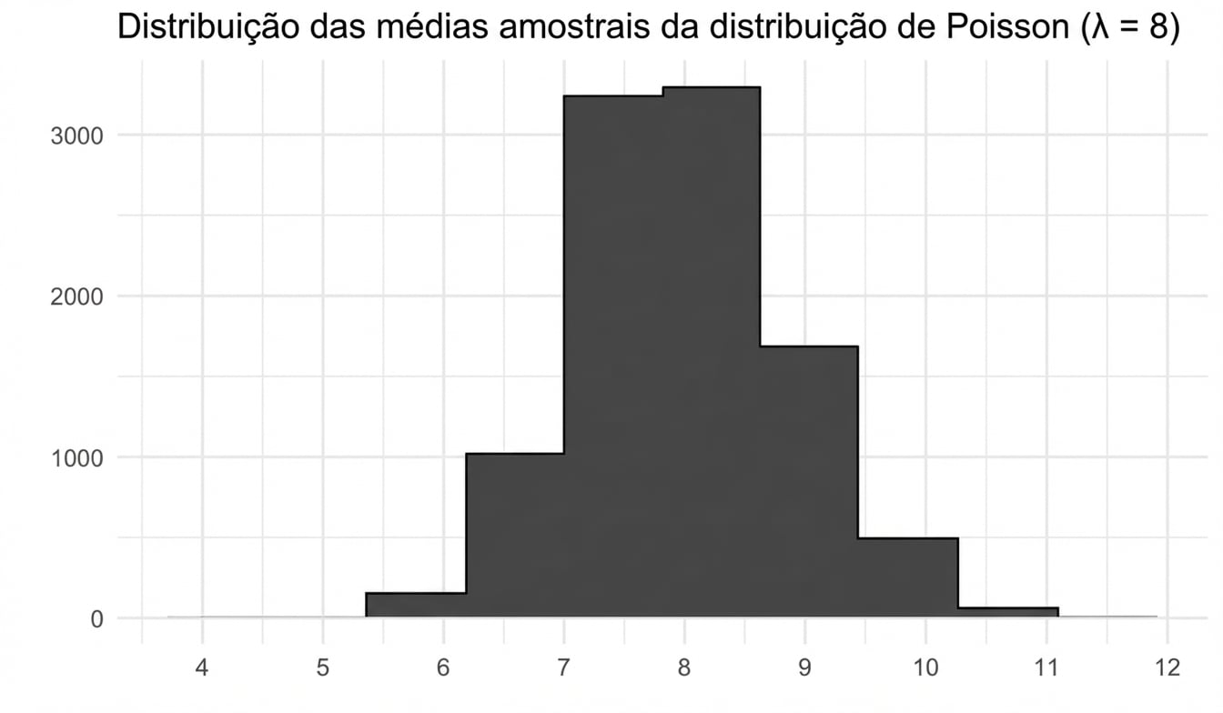 Distribuição das médias amostrais de Poisson com lambda = 8. Lembra a normal