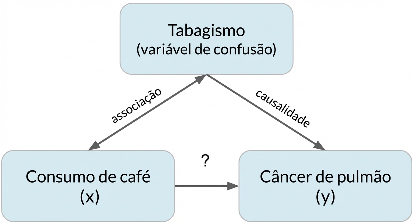 Café (x) apontando para câncer de pulmão (y) com tabagismo (fator de confusão). Seta dupla entre tabagismo e café, rotulada "associação". Seta de tabagismo para câncer de pulmão rotulada "causalidade"