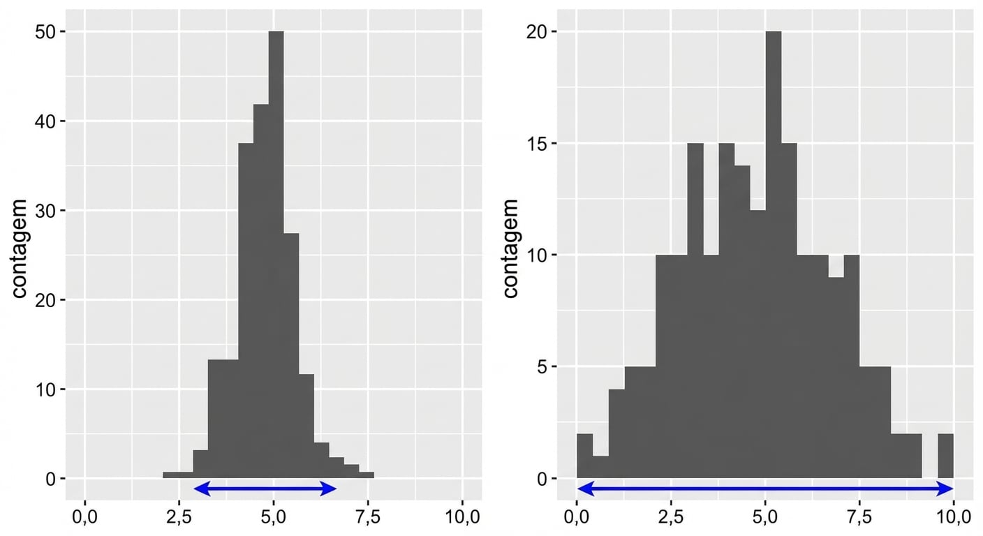 Dois histogramas: um estreito, com dados em poucos valores; outro mais largo, com dados em mais valores.