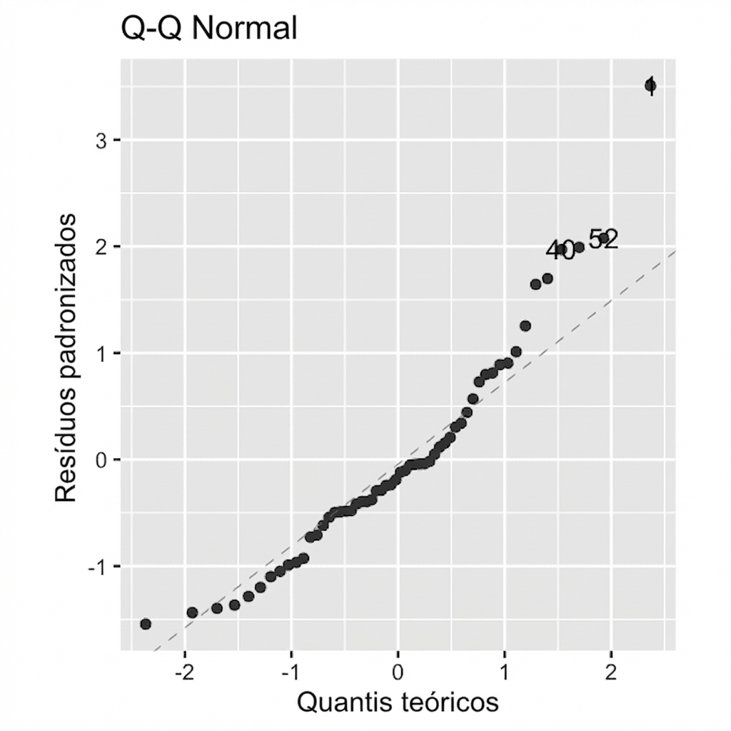 Gráfico Q-Q dos resíduos padronizados do modelo de perca vs. quantis teóricos. Os pontos não seguem bem a linha de igualdade, principalmente no lado direito.