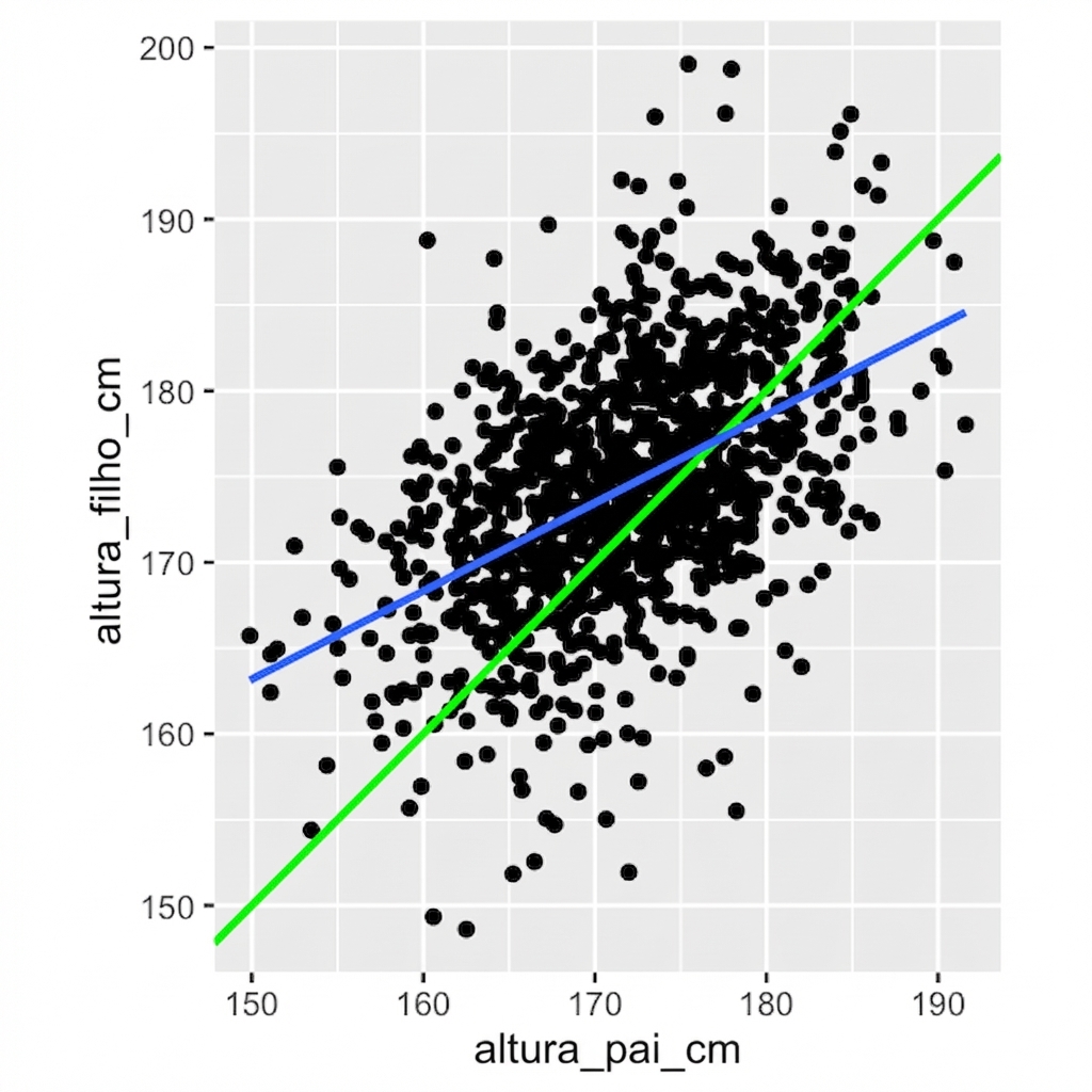 Dispersão da altura dos filhos vs. dos pais, com linha de tendência linear. A linha é menos inclinada que a de alturas iguais entre pai e filho.