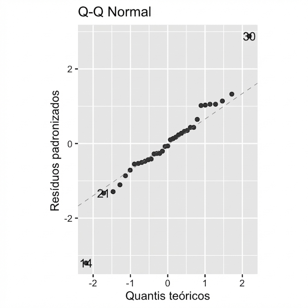 Gráfico Q-Q dos resíduos padronizados do modelo de bream vs. quantis teóricos. Os pontos seguem de perto a linha de igualdade, exceto dois outliers.