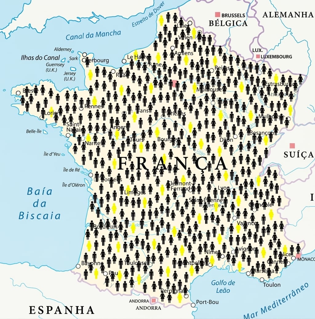Um mapa da França com ícones de pessoas, alguns destacados.