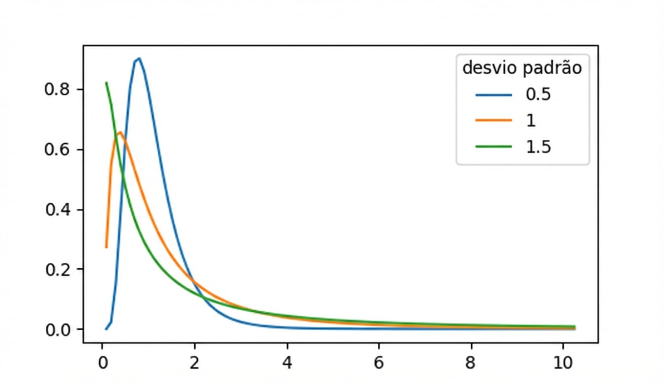 3 distribuições log-normais com sd = 0,5, sd = 1 e sd = 1,5