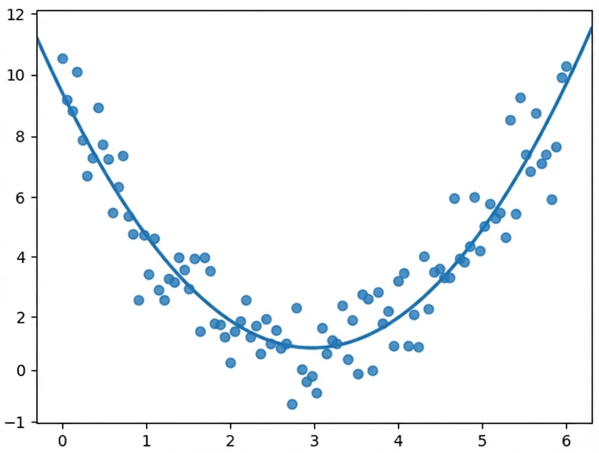 gráfico de dispersão de variáveis com uma relação quadrática com uma linha de tendência quadrática