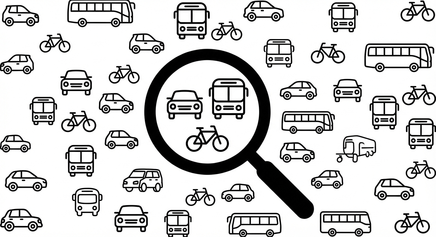 2 carros, 1 ônibus, 1 bicicleta cercados por mais carros, ônibus e bicicletas