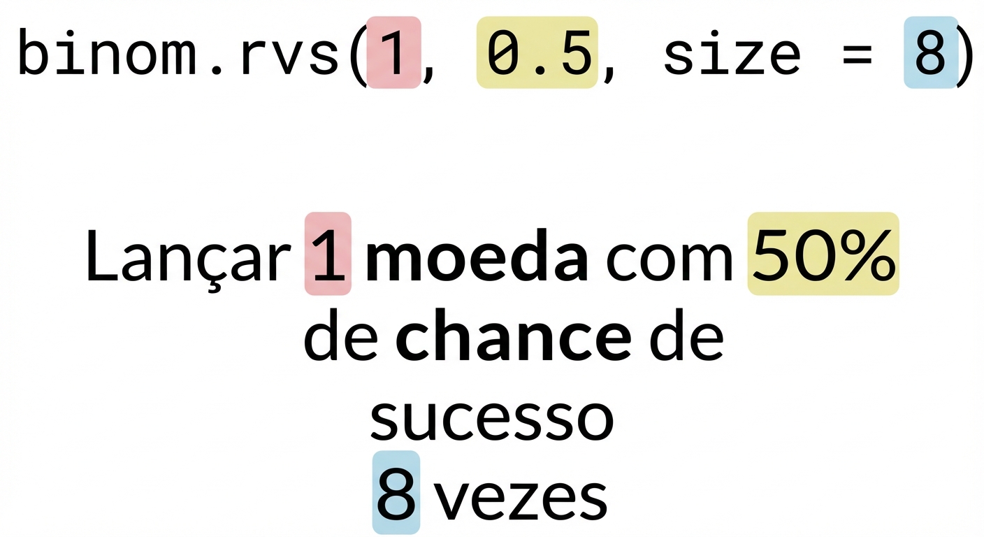 binom.rvs(1, 0.5, 8) com 1 em vermelho, 0.5 em amarelo e 8 em azul. Texto: Lance 1 (em vermelho) moeda com 50% (em amarelo) de chance de sucesso 8 (em azul) vezes