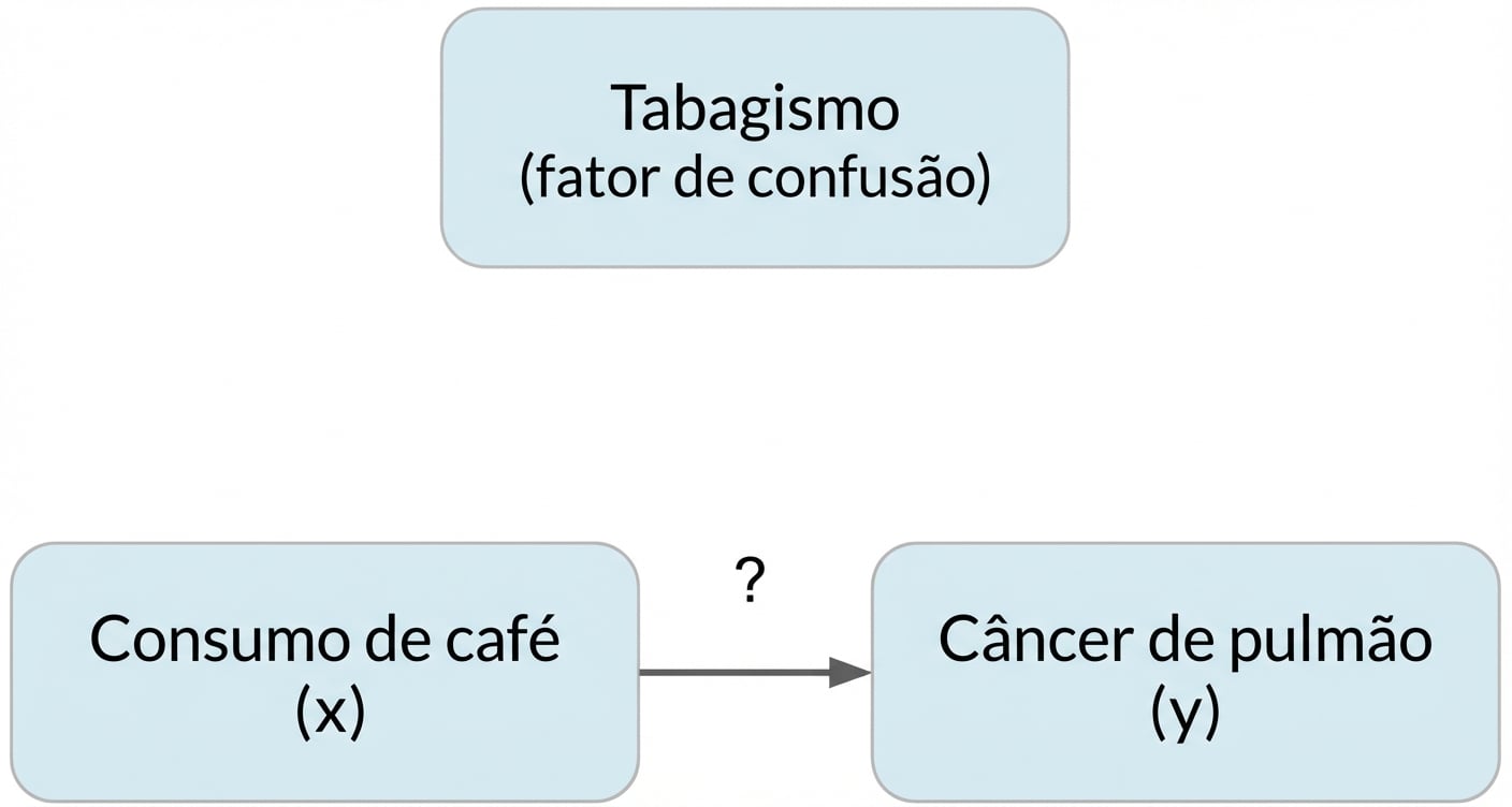 O consumo de café (x) aponta para câncer de pulmão (y) com tabagismo (fator de confusão) acima