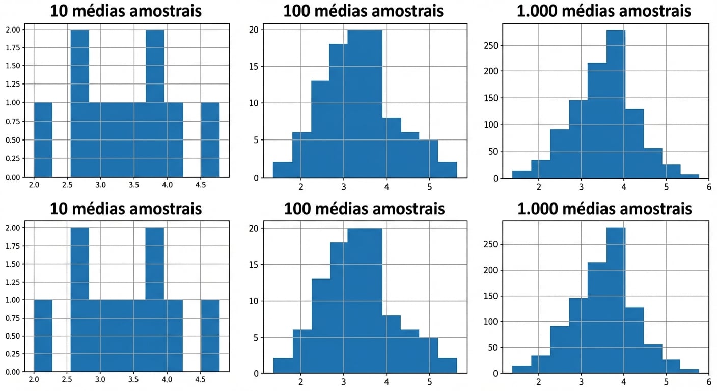 histogramas de 10, 100 e 1.000 médias amostrais, em que um número maior de médias amostrais tem uma distribuição mais em forma de curva de sino