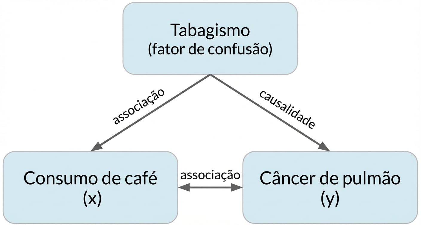 Consumo de café (x) com seta dupla para o câncer de pulmão (y) rotulado como "associação". Seta dupla entre tabagismo e consumo de café, rotulada como "associação". Seta do tabagismo para o câncer de pulmão rotulada como "causalidade".