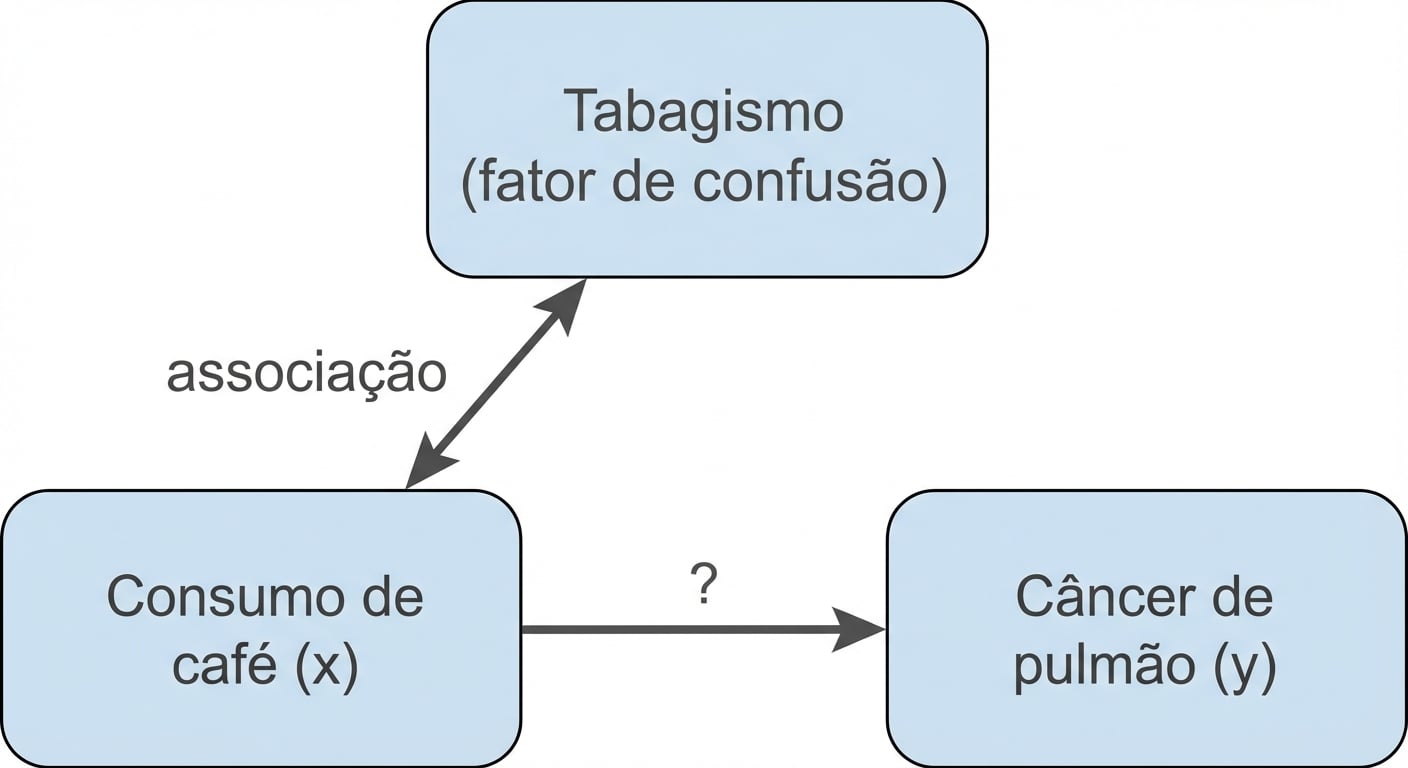 O consumo de café (x) aponta para câncer de pulmão (y) com tabagismo (fator de confusão). Seta dupla entre tabagismo e consumo de café, rotulada como "associação".