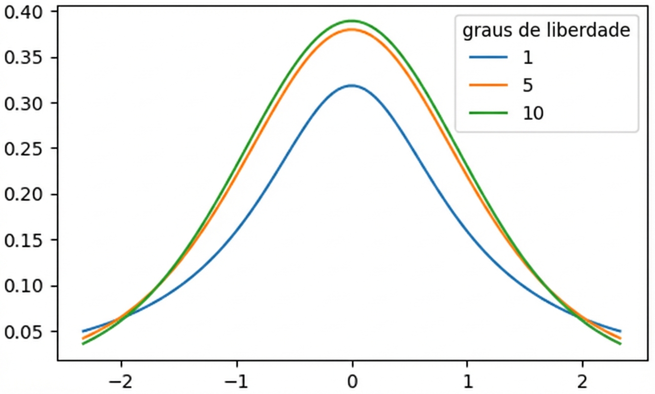 3 distribuições t com df = 1, df = 5 e df = 10