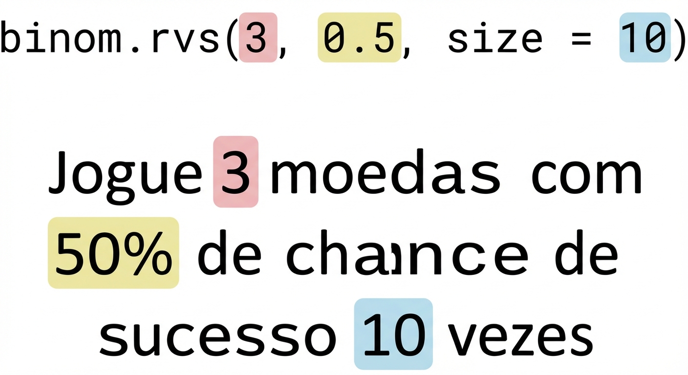 binom.rvs(3, 0.5, size=10) com 3 em vermelho, 0.5 em amarelo e 10 em azul. Texto: Lance 3 (em vermelho) moedas com 50% (em amarelo) de chance de sucesso 10 (em azul) vezes