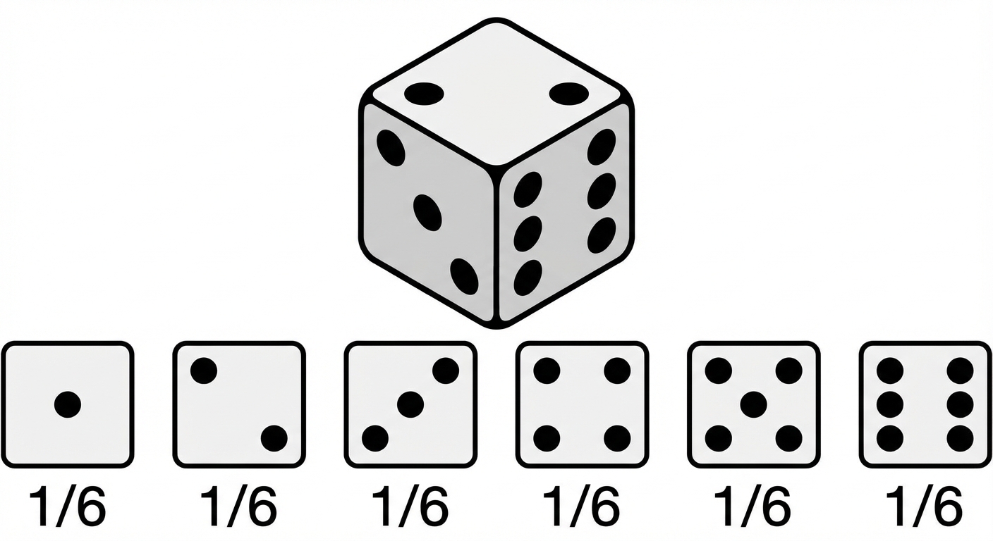 Cada lado de um dado tem 1/6 de probabilidade