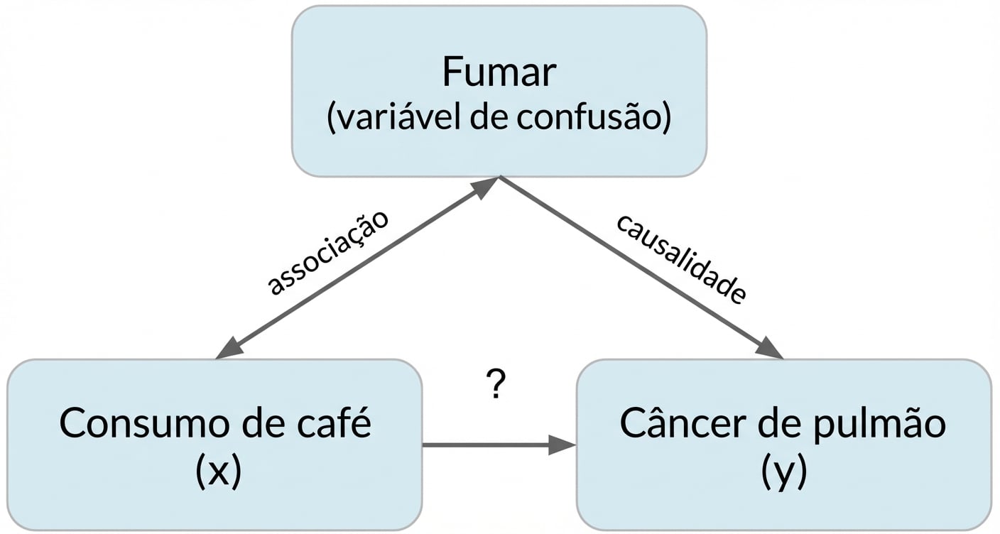 O consumo de café (x) aponta para câncer de pulmão (y) com tabagismo (fator de confusão). Seta dupla entre tabagismo e consumo de café, rotulada como "associação". Seta do tabagismo para o câncer de pulmão rotulada como "causalidade"
