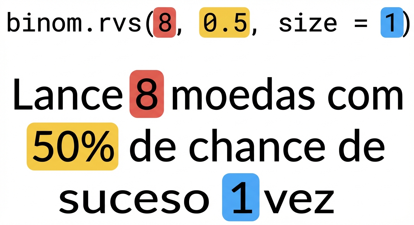binom.rvs(8, 0.5, size=1) com 8 em vermelho, 0.5 em amarelo e 1 em azul. Texto: Lance 8 (em vermelho) moedas com 50% (em amarelo) de chance de sucesso 1 (em azul) vez