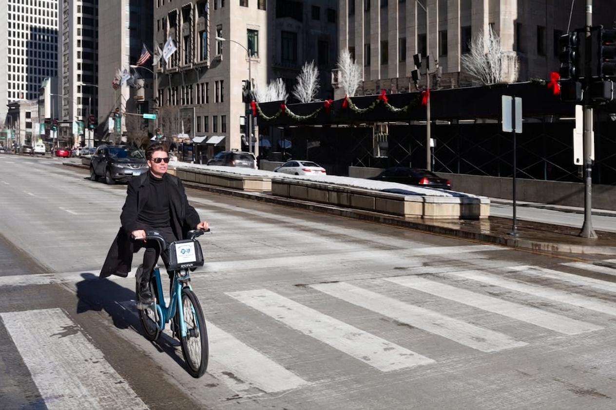 Pessoa andando pela cidade em uma bike Divvy