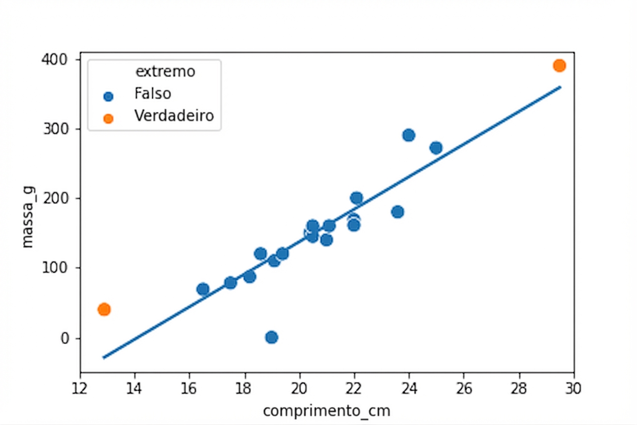 Um gráfico de dispersão das massas de baratas versus seus comprimentos, com uma linha de tendência. A maioria dos pontos são azuis, mas uma barata muito curta e uma muito longa têm pontos laranja.
