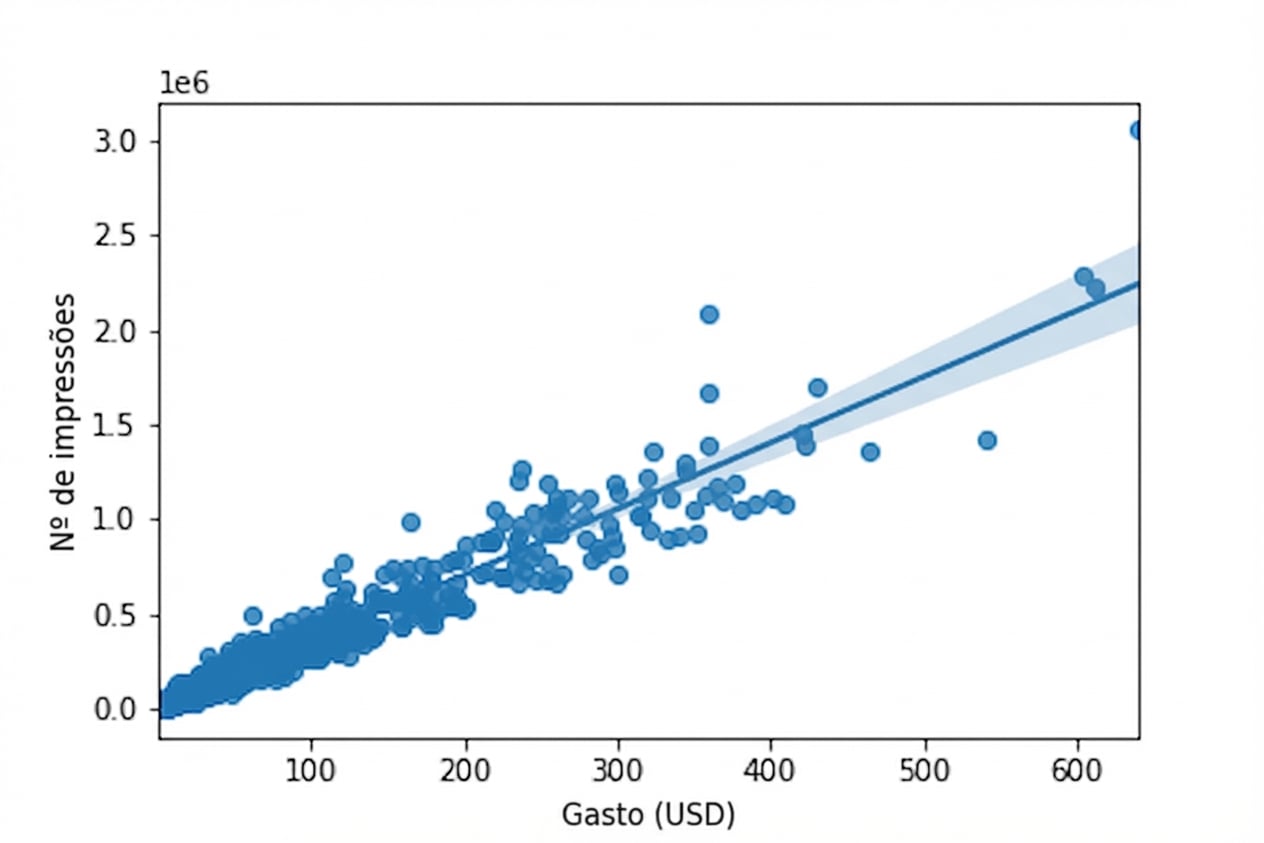 Um gráfico de dispersão do número de impressões versus o gasto com publicidade, com uma linha de tendência. A maioria dos pontos de dados está concentrada no canto inferior esquerdo do gráfico.