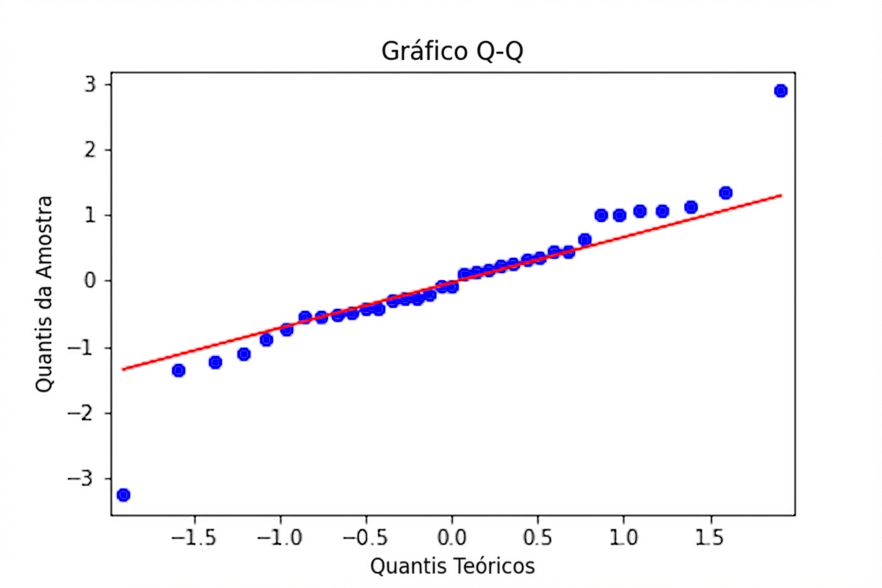 Um gráfico Q-Q dos resíduos padronizados do modelo de tainha versus quantis teóricos. Os pontos seguem de perto a linha onde resíduos e quantis são iguais, exceto por dois outliers.