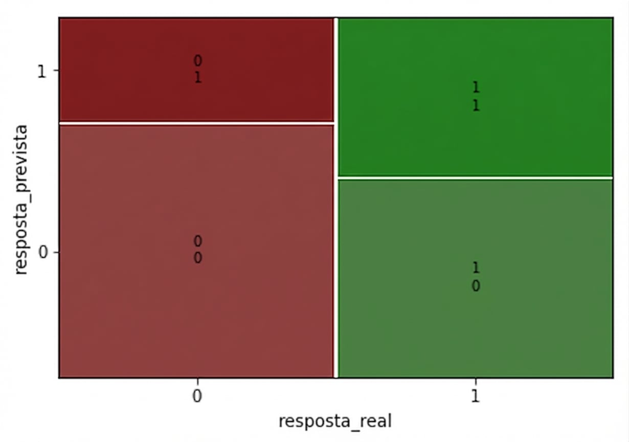 Um gráfico mosaico dos resultados do modelo churn versus recency. Há 200 observações para churns verdadeiros e não-churns verdadeiros, então cada coluna tem a mesma largura.