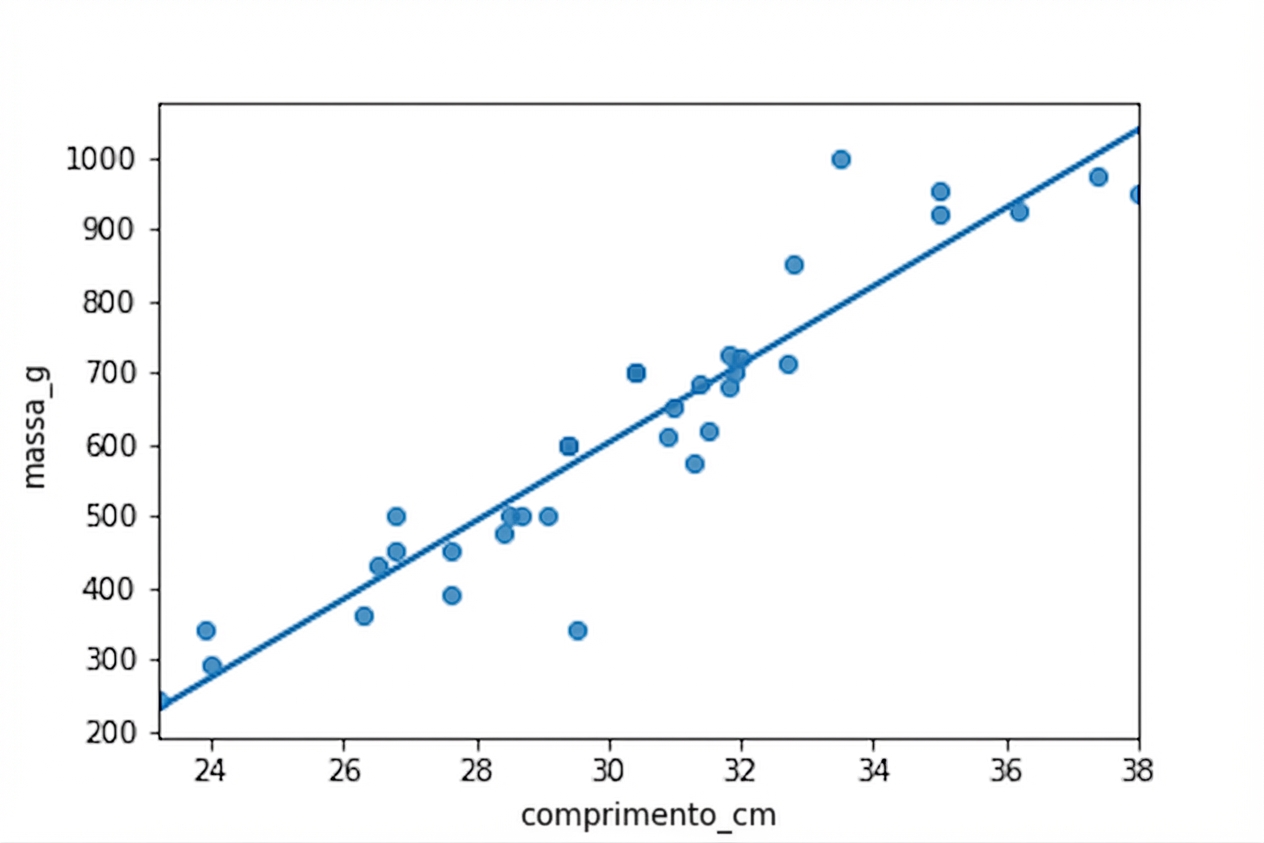 Um gráfico de dispersão das massas de bream versus seus comprimentos, com uma linha de tendência linear. Os pontos estão todos próximos à linha de tendência.