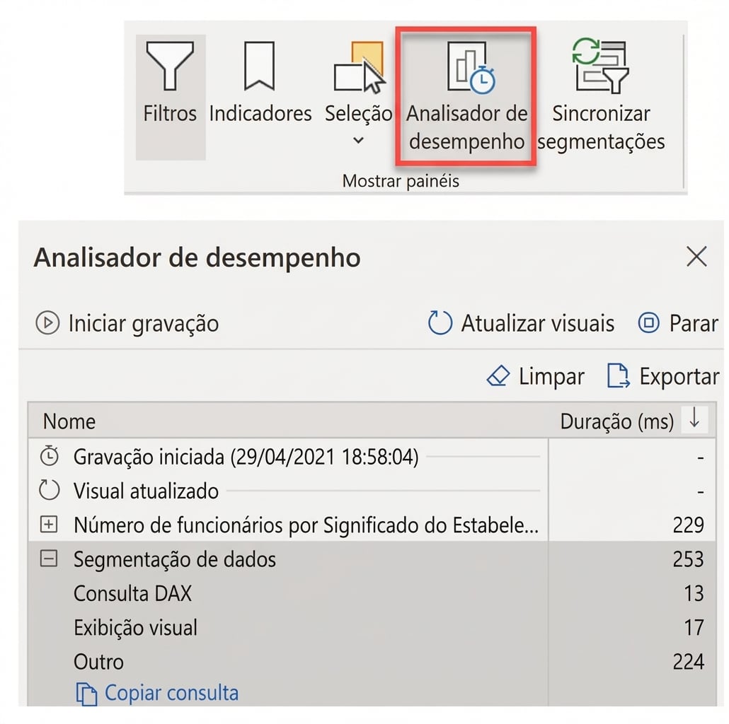 Capturas de tela do Performance Analyzer no Power BI
