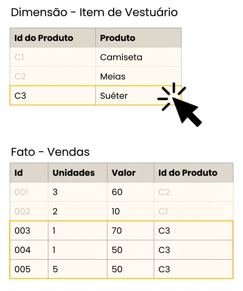 Visão detalhada das tabelas fato e Dimensão Item de Vestuário.