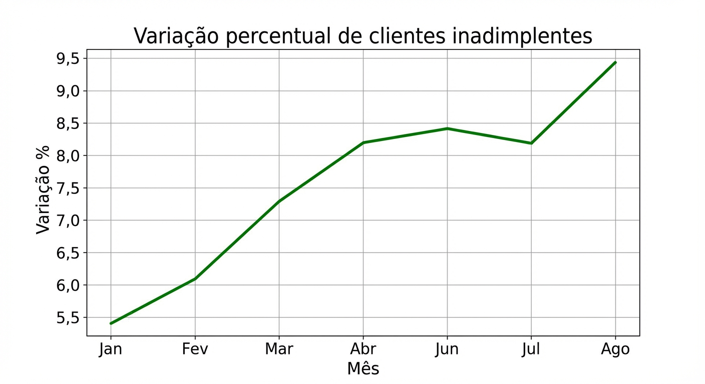 Gráfico de linha com aumento do percentual de variação de clientes inadimplentes ao longo dos meses