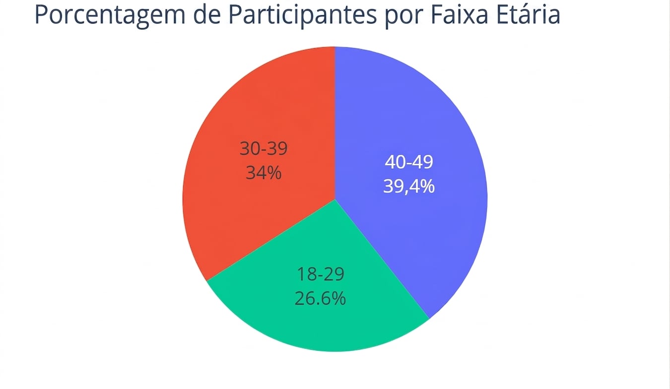 Um gráfico de pizza mostrando a porcentagem de participantes em três faixas etárias — “18-29”, “30-39” e “40-49”. A última tem a maior porcentagem, 39,4%.