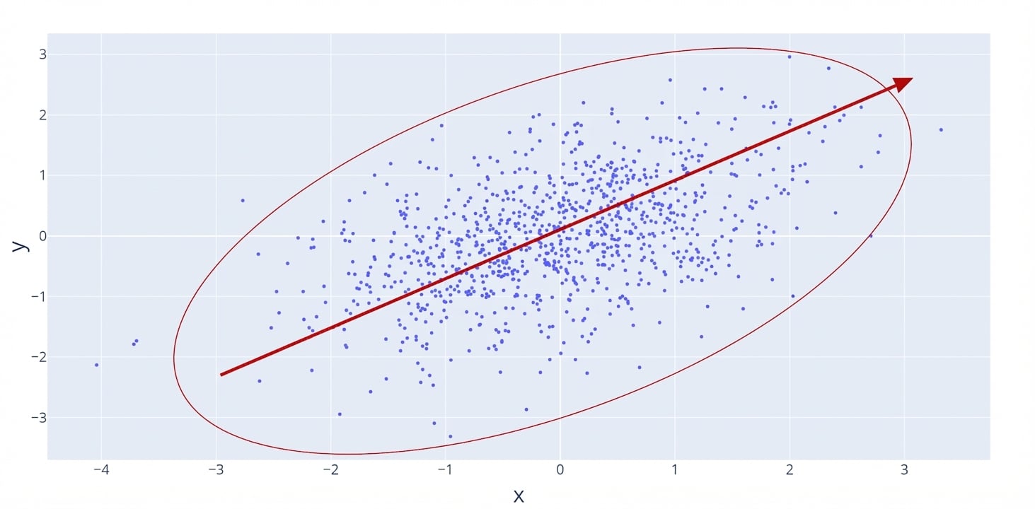 Um gráfico de dispersão com uma linha vermelha mostrando uma relação positiva crescente. Um círculo vermelho destaca os pontos, mais dispersos e portanto uma relação fraca.