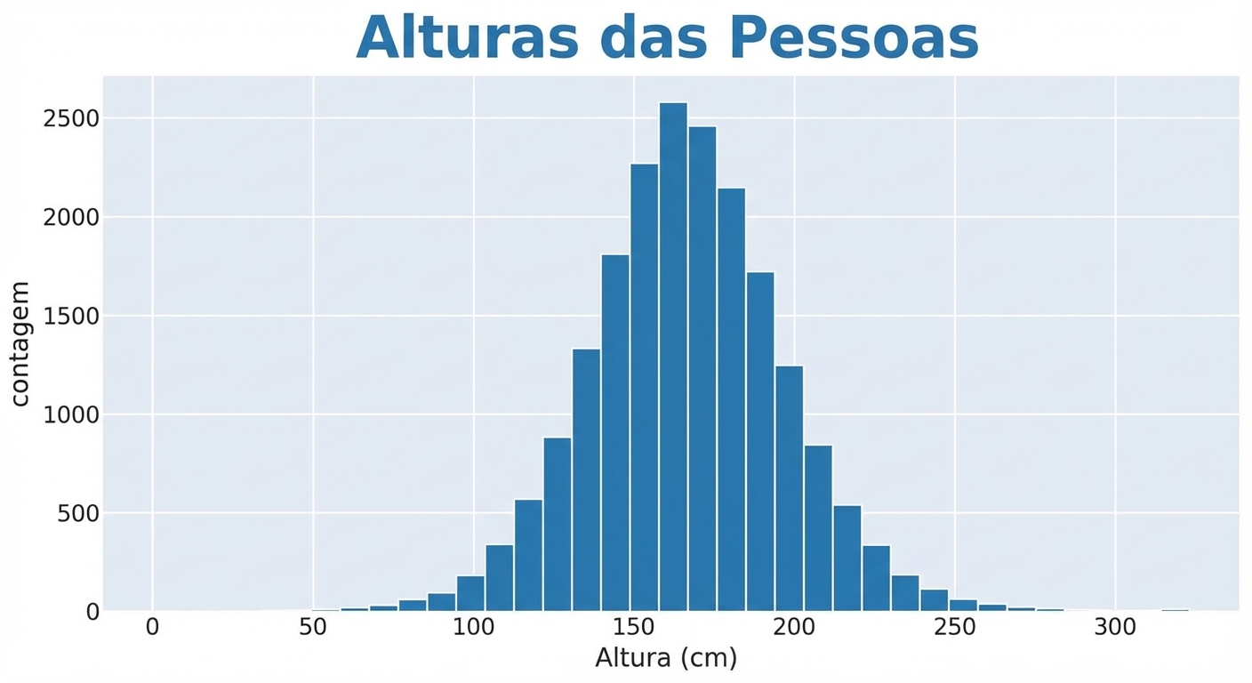 Um histograma de alturas de pessoas, com valores de altura no eixo x e número de observações no eixo y. Com menos bins, o histograma fica mais rígido e em blocos.