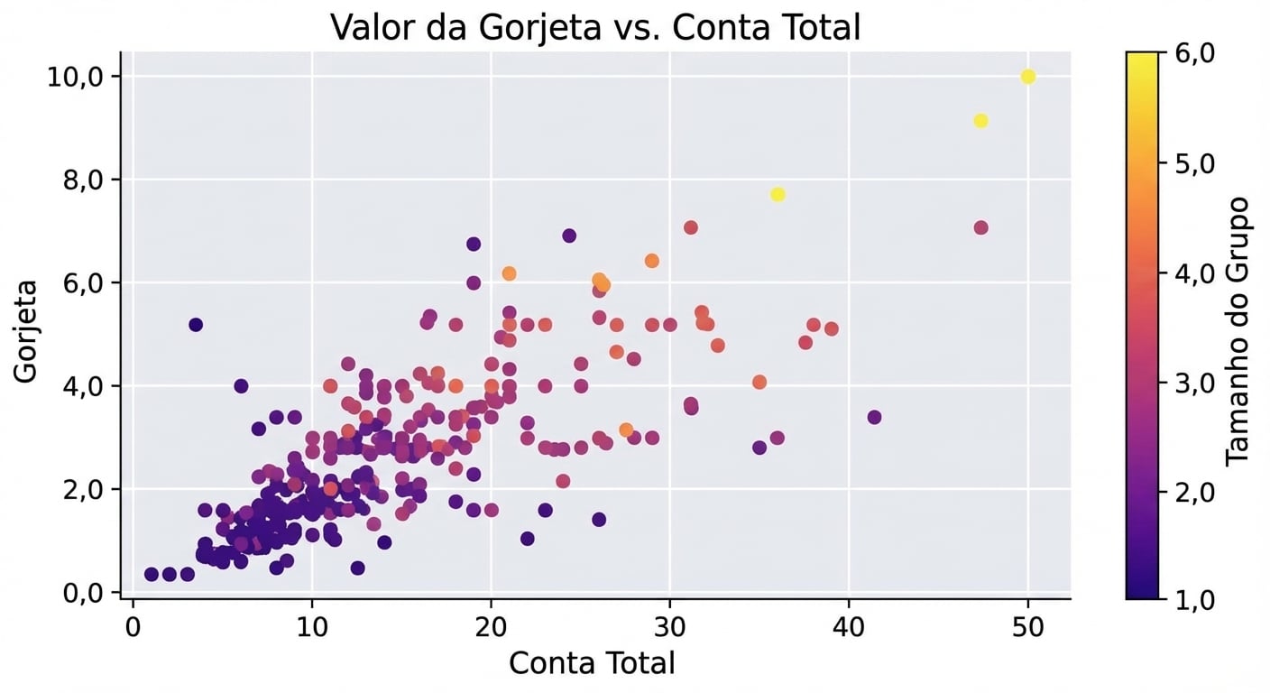 Um gráfico de dispersão com "Total Bill" no eixo x e "Tip" no eixo y. "Party Size" é usado para colorir os pontos conforme o valor. Por exemplo, tamanho 1 é azul escuro e tamanho 6 é amarelo forte.