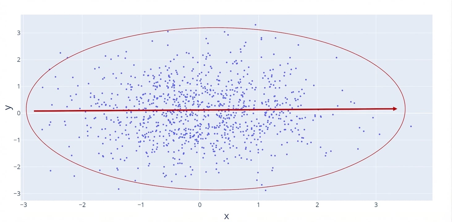 Um gráfico de dispersão com uma linha vermelha plana, indicando nenhuma relação. Um círculo vermelho destaca os pontos, mais dispersos e portanto uma relação fraca.